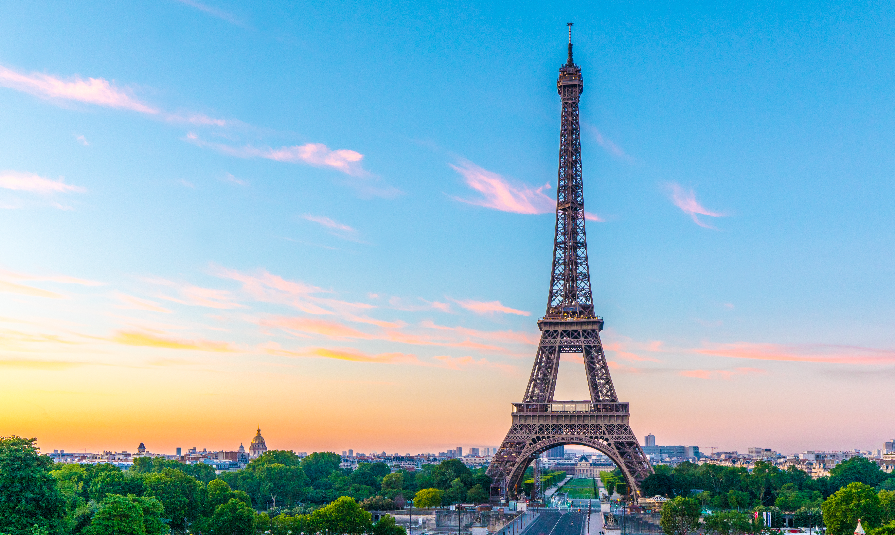 Early morning shot of the Eiffel Tower at sunrise on the River Seine in Paris, France