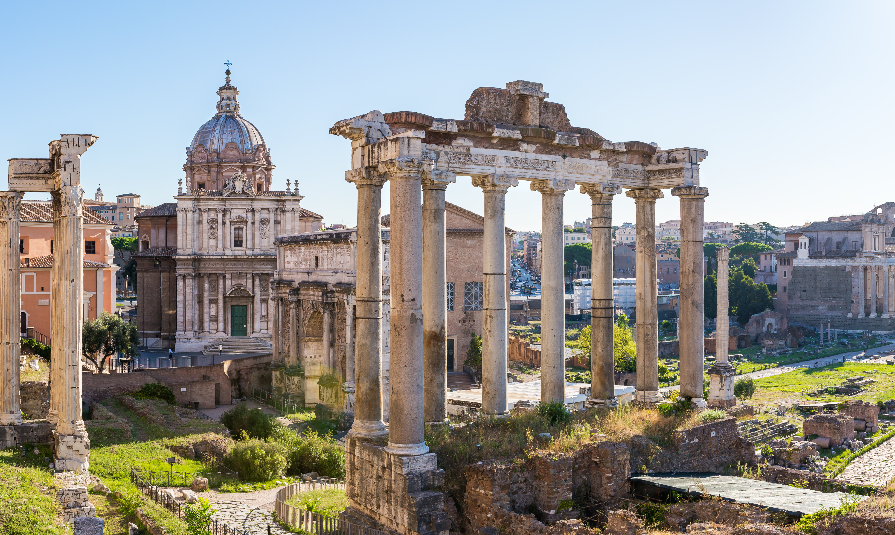 Forum Romanum view from the Capitoline Hill in Italy, Rome. Panorama