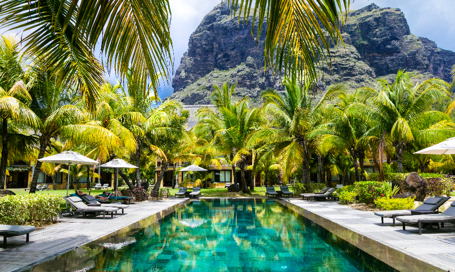 Luxury tropical vacation. Spa swimming pool in luxury resort in Le Morne, Mauritius island