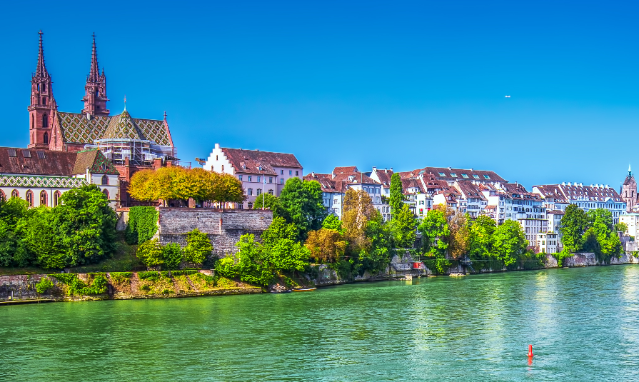 Old city center of Basel with Munster cathedral and the Rhine river, Switzerland, Europe. Basel is a city in northwestern Switzerland 