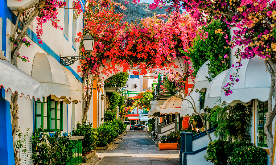 Street with white houses colonia shown in Puerto de Mogan, Spain