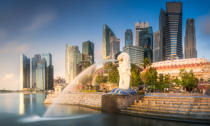 View of business district and Marina bay skyline at sunrise in Singapore