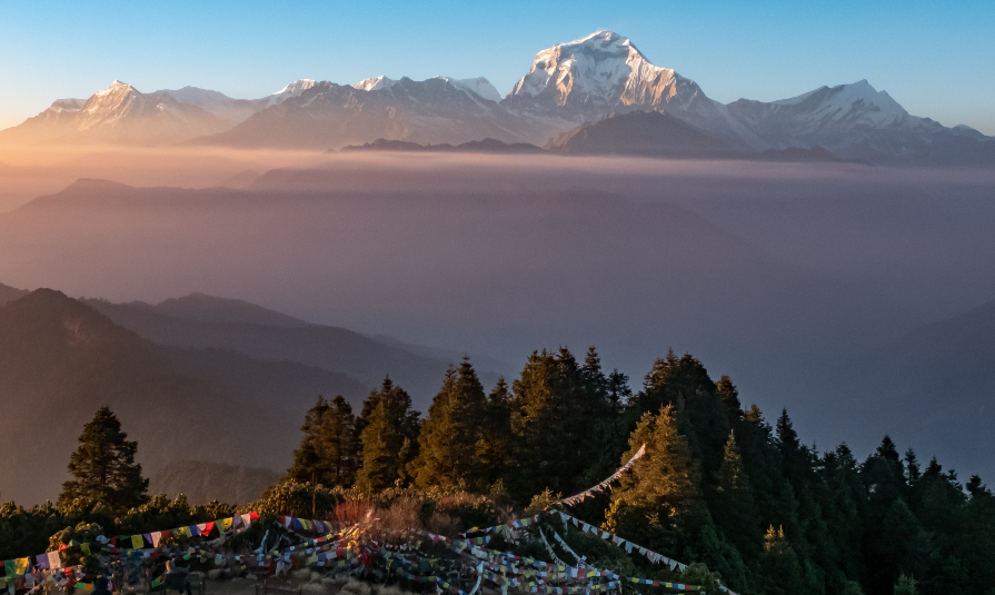 annapurna trekking view. Mountains at sunset. Poon hill