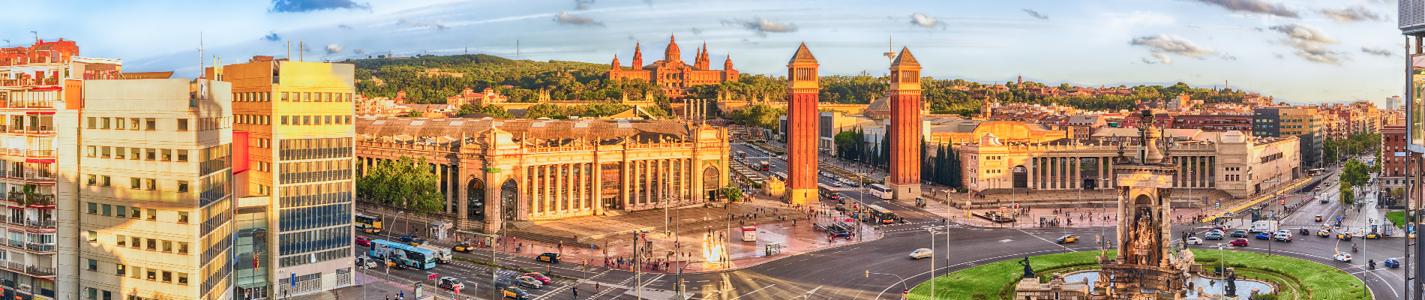 Panoramic view of Placa d'Espanya. This iconic square is located at the foot of Montjuic and it's a major landmark in Barcelona, Catalonia, Spain
