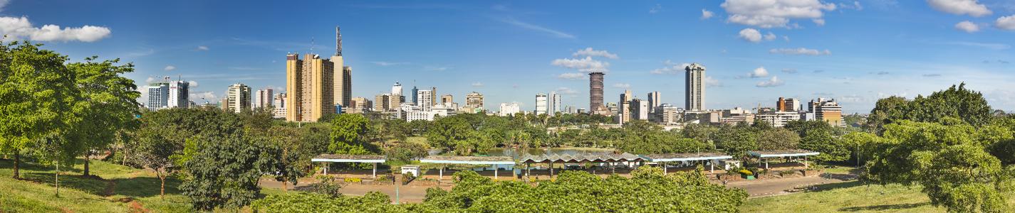 Panoramic view of the skyline of Nairobi, Kenya with Uhuru Park in the foreground.