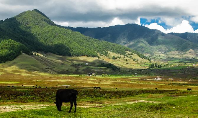 Landscape of mountain Phobjikha valley, Himalayas, Bhutan
