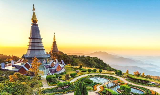 Landscape of two pagoda at the Inthanon mountain at sunset, Chiang Mai, Thailand.Inthanon mountain is the highest mountain in Thailand.