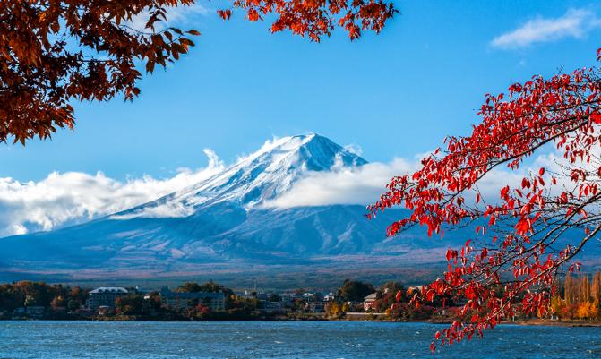 Mount Fuji, Japan from Lake Kawaguchiko in Autumn.