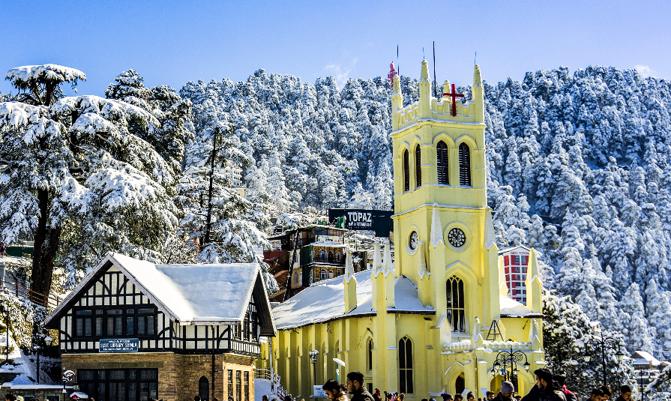 Shimla, Himachal Pradesh / India -Beautiful View of Shimla City and Mall road after a snowfall